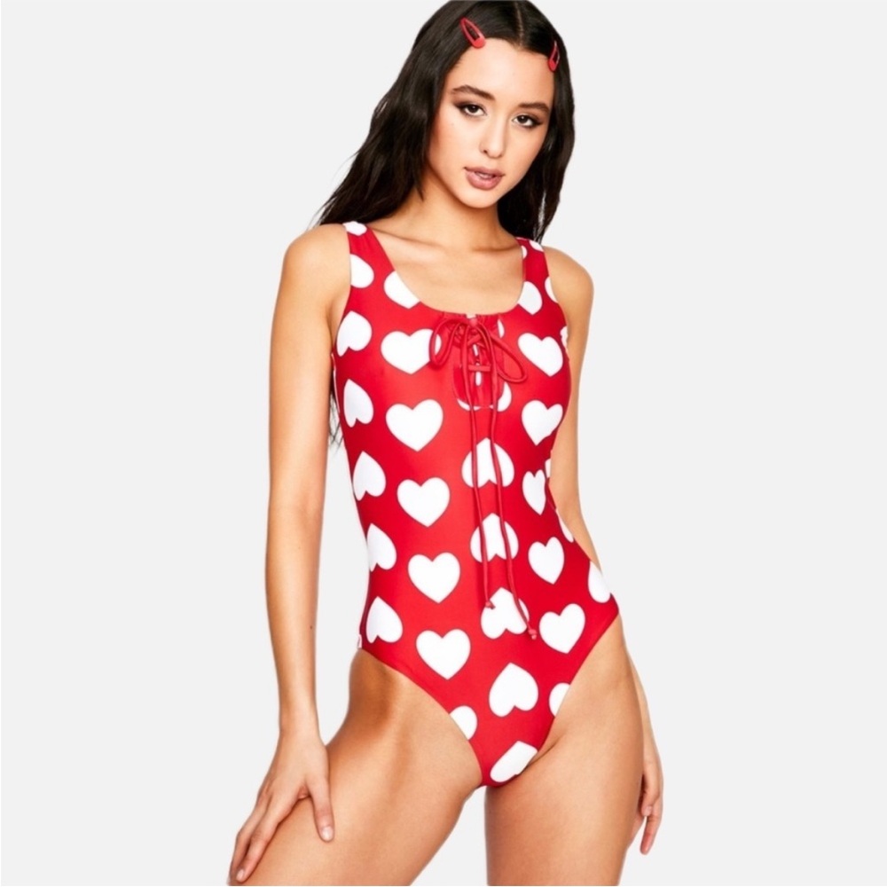 Red Heart Print One-Piece Swimsuit with Lace-Up Front